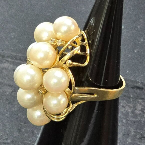 Vintage 14K Gold Cocktail Ring With Cultured Pearls & Diamonds Size 6.75 HS81 - Picture 6 of 16